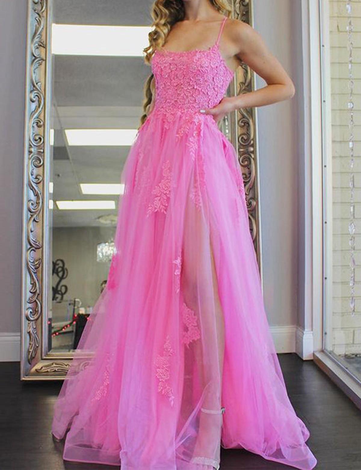 Unthony - Open Back Pink Lace Long Prom Dress with High Slit