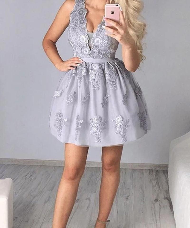 Unthony - A Line V Neck Silver Gray Lace Appliques Short Prom Dress Homecoming Dress