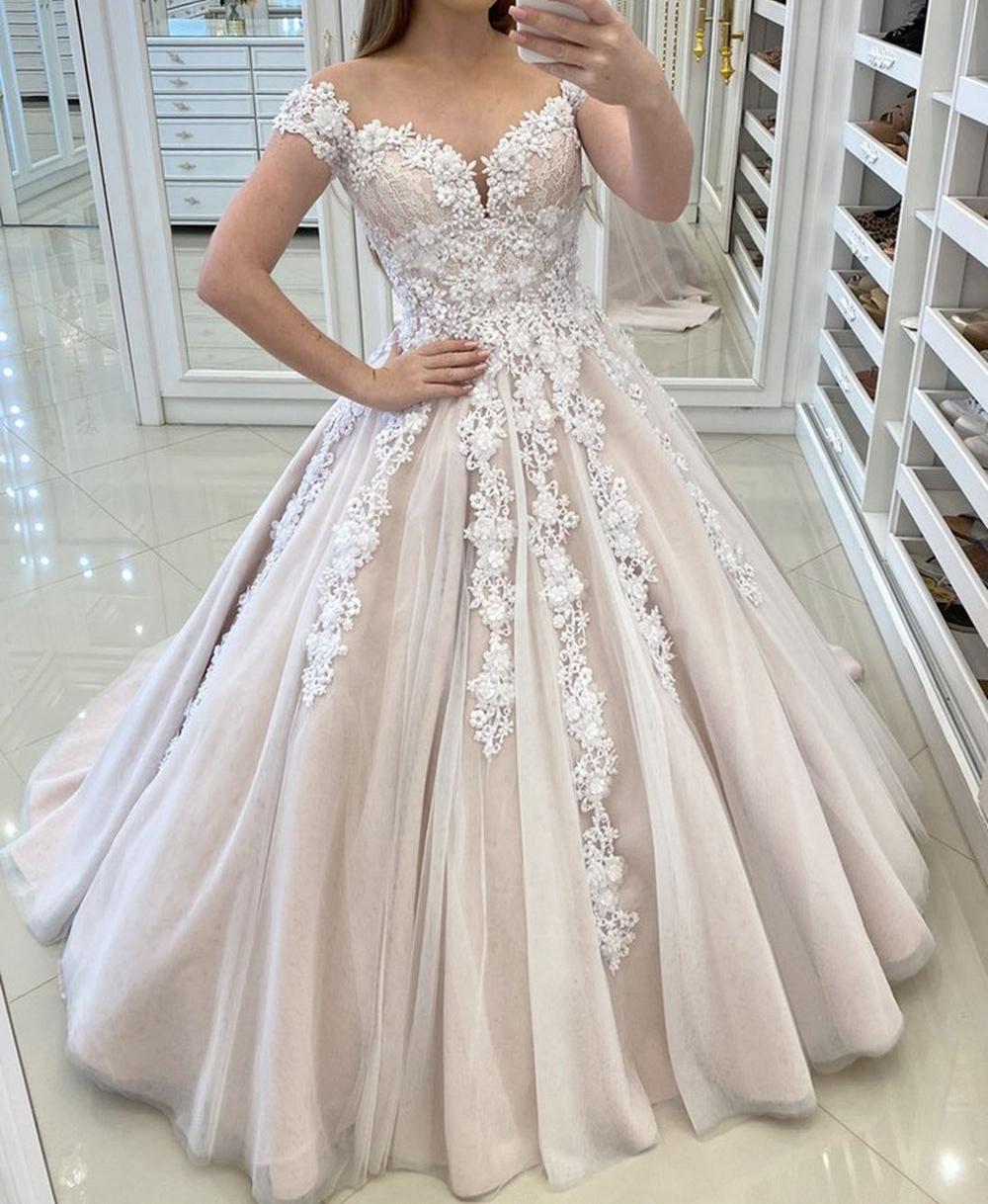 Unthony - Off Shoulder Champagne Lace Long Prom Dress