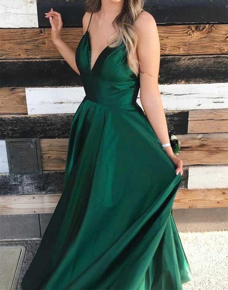 Unthony - Simple V Neck Backless Emerald Green Satin Long Prom Dress