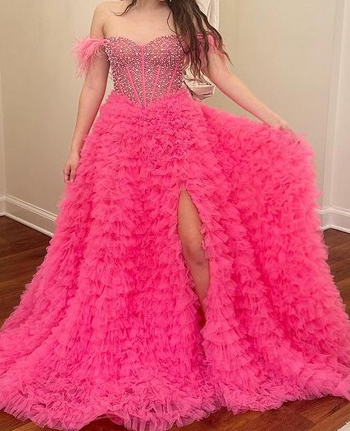 Unthony - Gorgeous Off Shoulder Beaded Pink Long Prom Dress