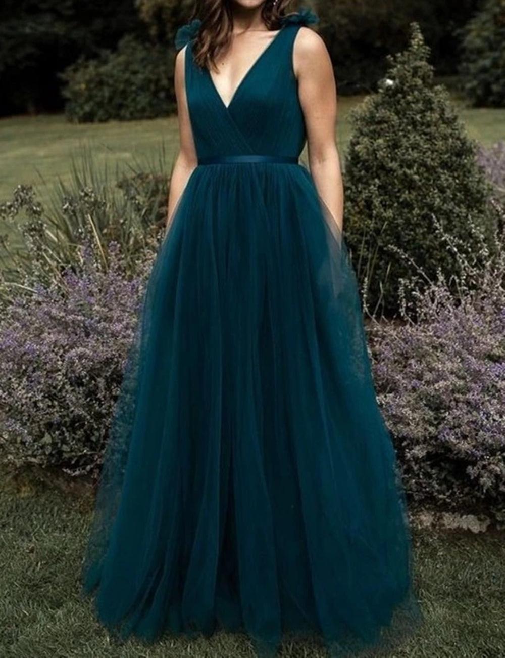 Unthony - A Line V Neck and V Back Peacock Blue Long Prom Dress