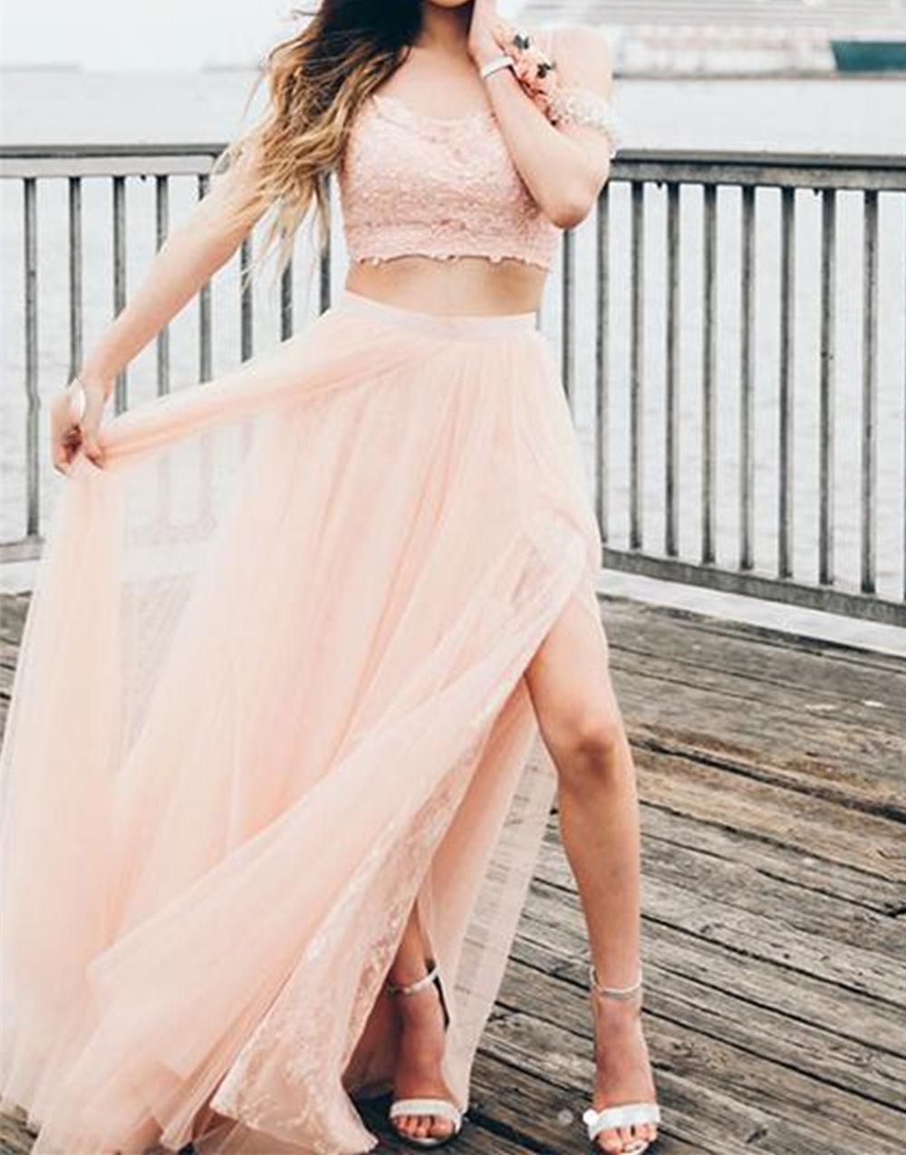 Unthony - Off Shoulder 2 Pieces Pink Lace Long Prom Dress