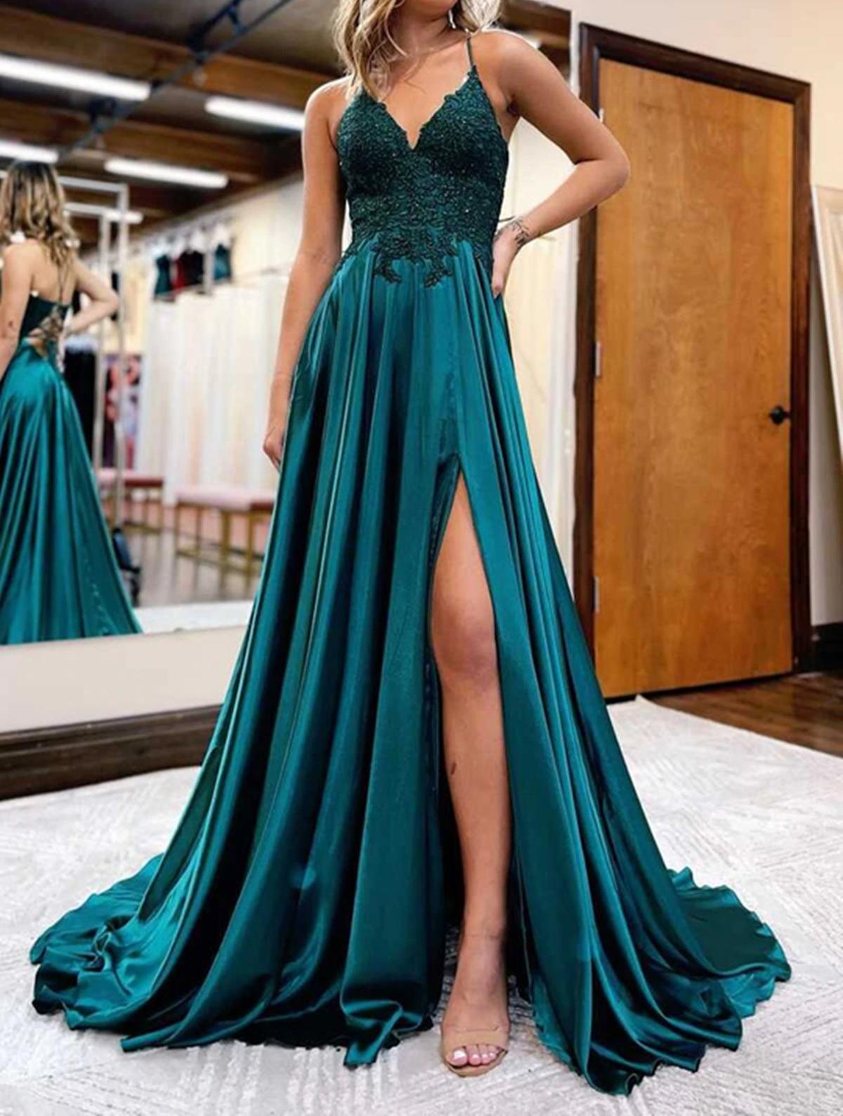 Unthony - A Line V Neck Green Beaded Lace Long Prom Dress with High Slit