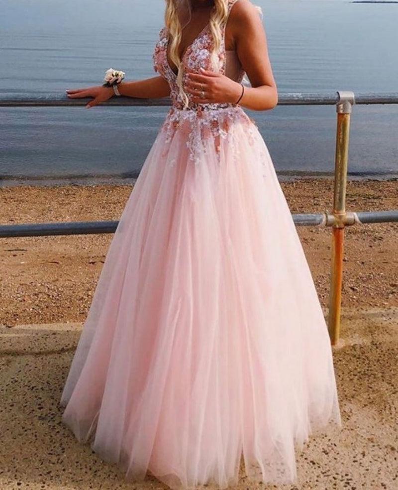 Unthony - A Line V Neck Lace Appliques Pink Tulle Long Prom Dress
