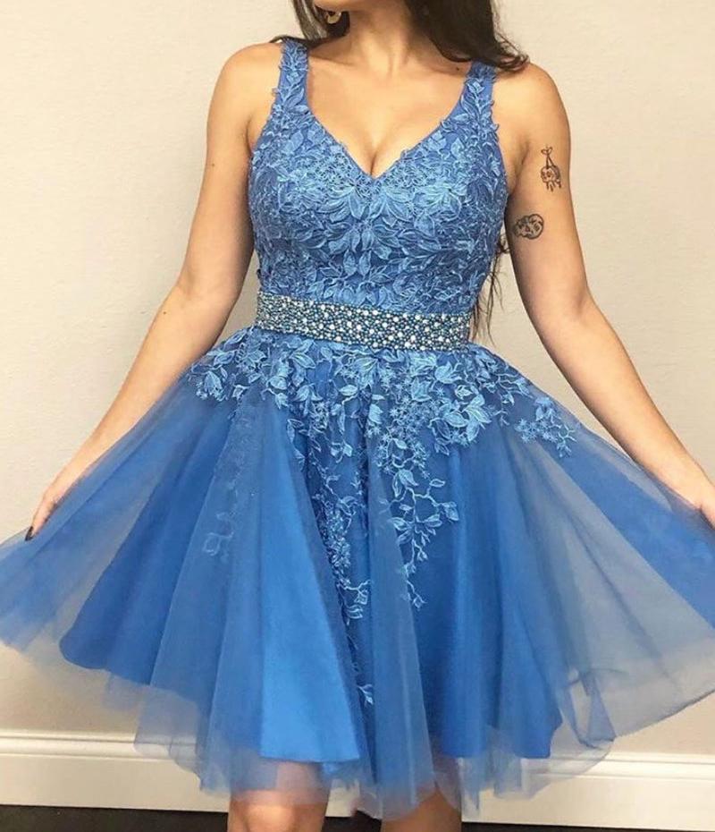 Unthony - V Neck Open Back Blue Lace Short Prom Homecoming Dress