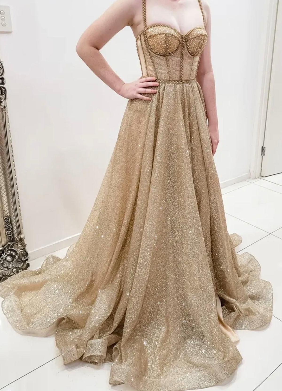 Unthony - Shiny A Line Champagne Tulle Long Prom Dress