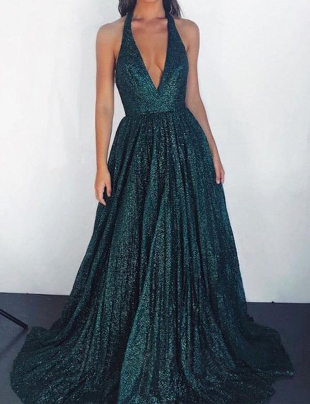 Unthony - Halter V Neck Backless Green/Burgundy/Champagne Long Prom Dress
