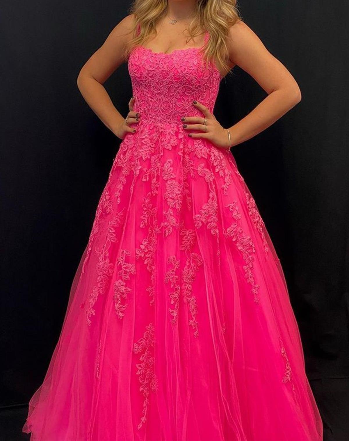 Unthony - Open Back Hot Pink Lace Long Prom Dress with Appliques