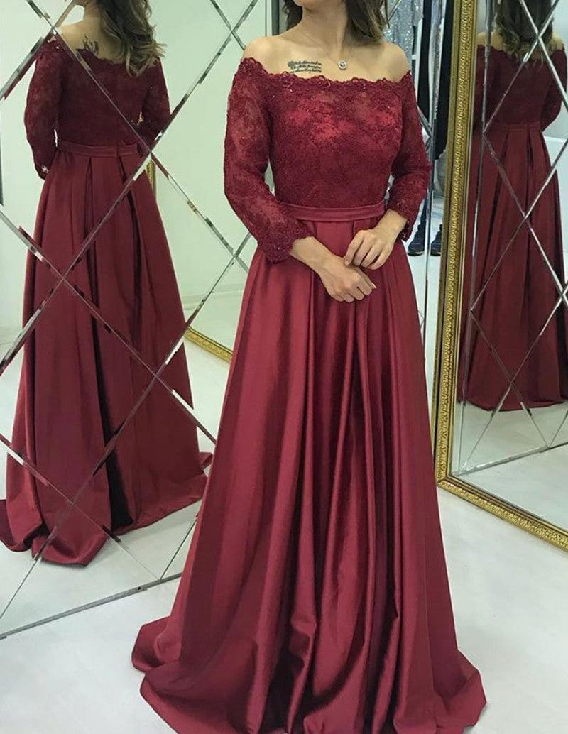Unthony - Long Sleeves Lace Burgundy Long Prom Dresses