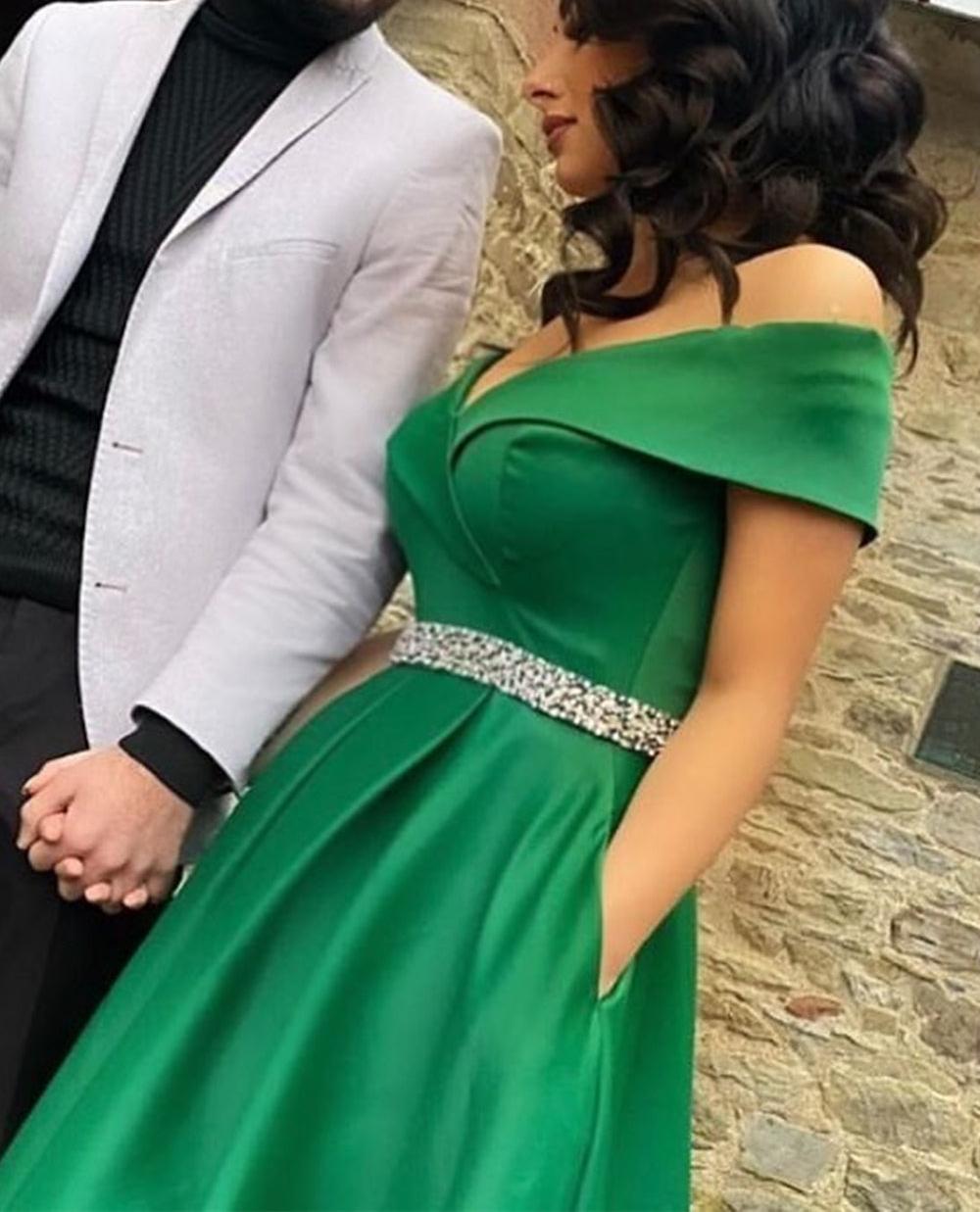 Unthony - Off Shoulder Green Satin Long Prom Dress with Belt
