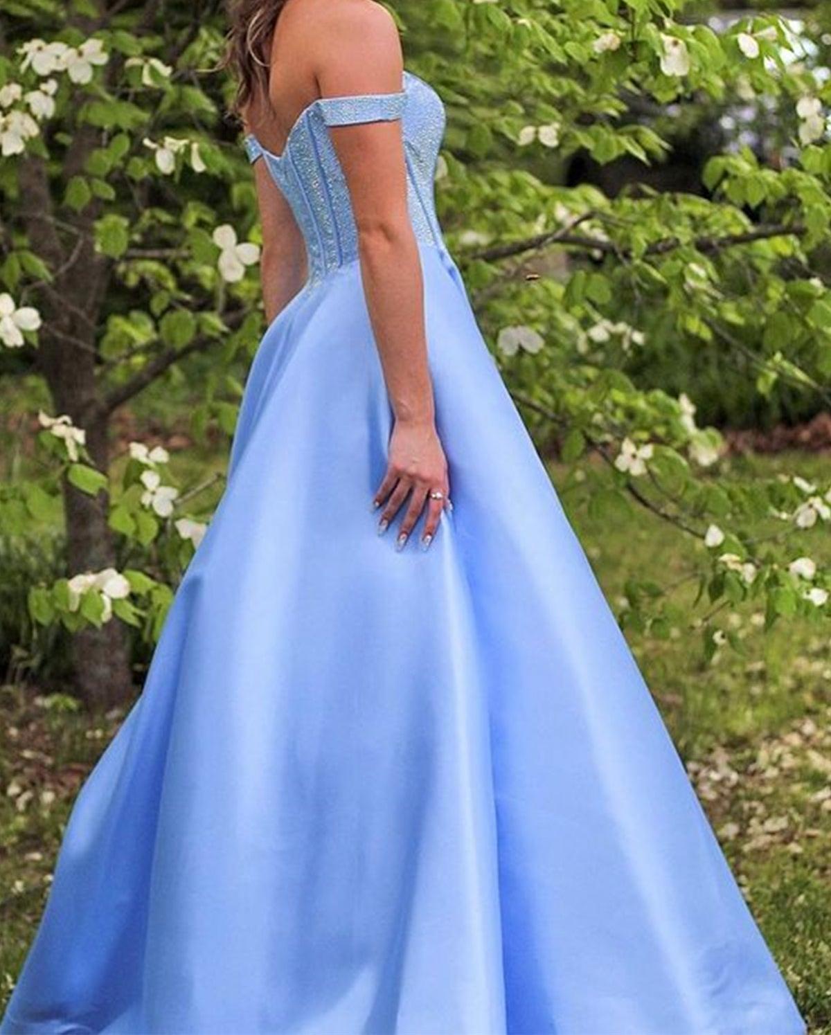 Unthony - Off the Shoulder Light Blue Satin Long Prom Dress