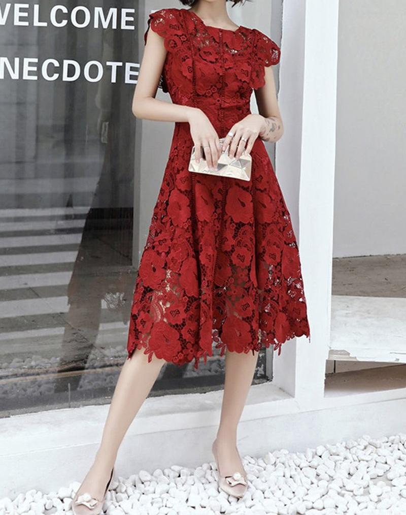 Unthony - Round Neck Cap Sleeves Knee Length Floral Burgundy Lace Prom Dress