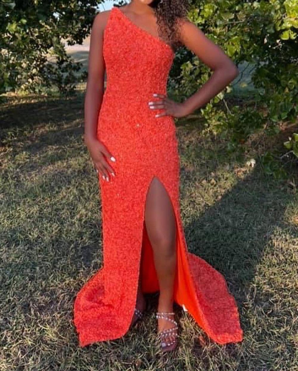 Unthony - One Shoulder Open Back Mermaid Orange Sequins Long Prom Dress