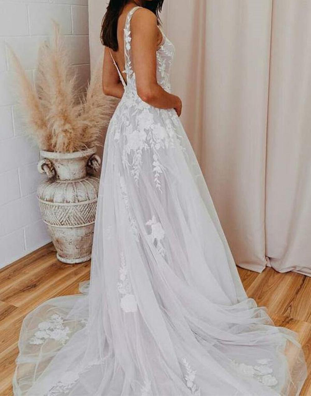 Unthony - A Line V Neck Open Back White Lace Long Prom Wedding Dress
