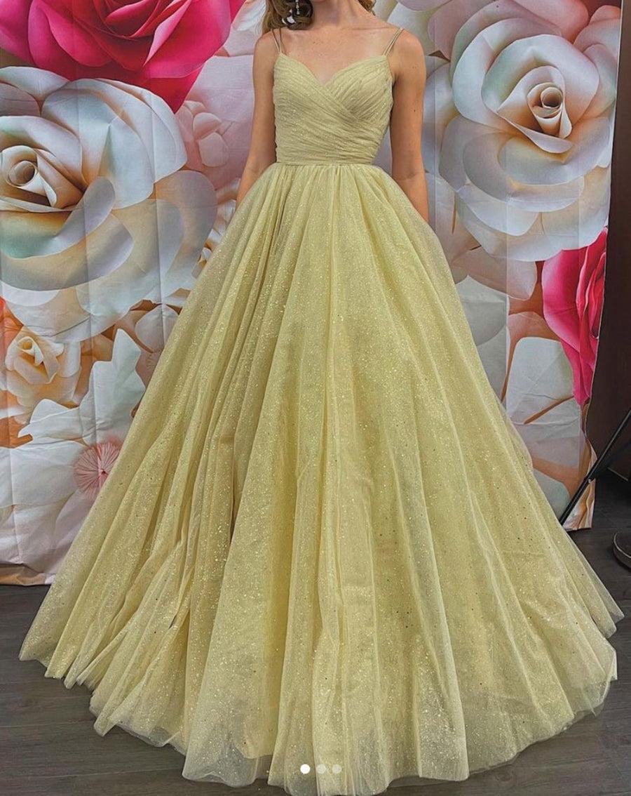 Unthony - Shiny V Neck Golden Sequins Long Prom Dress