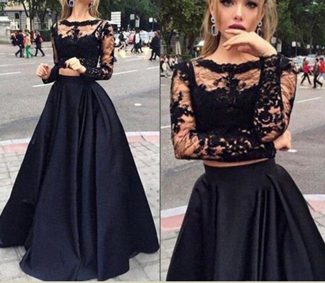 Unthony - Modern Scoop Long Sleeves Lace Black Two-pieces Prom Dresses