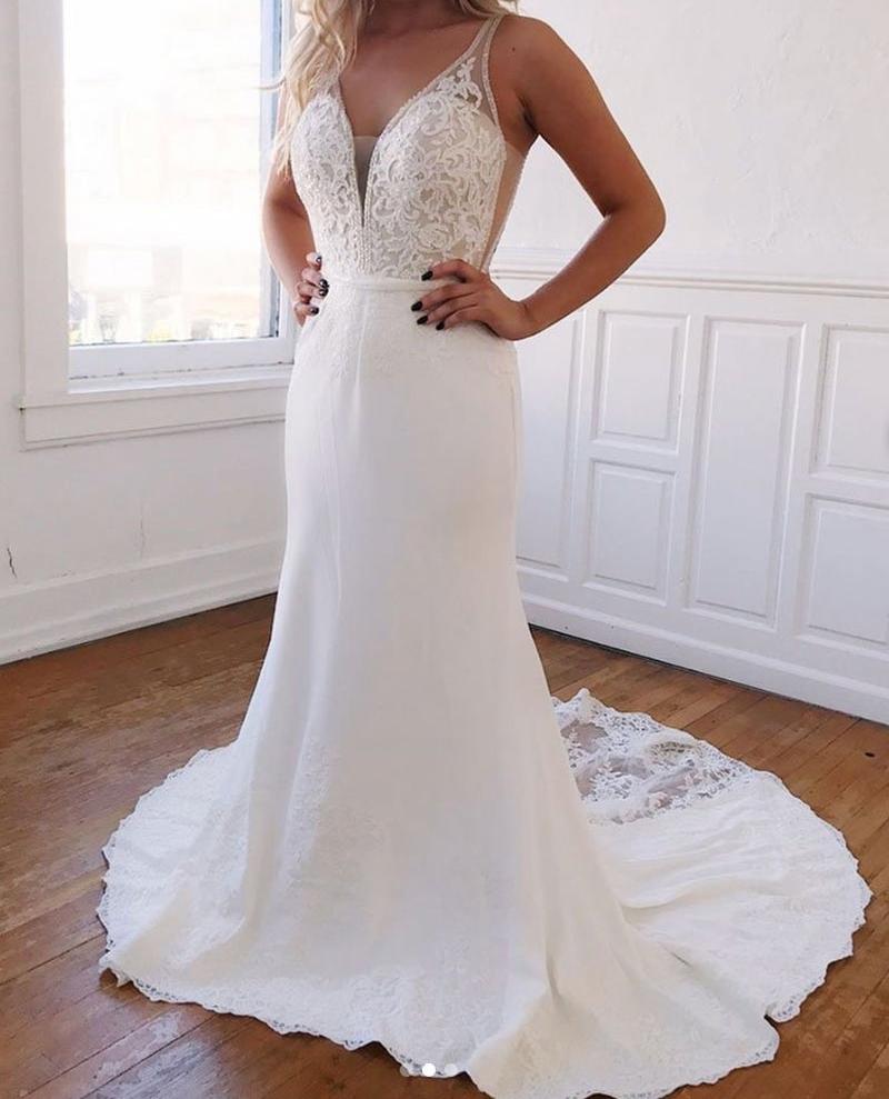 Unthony - Mermaid V Neck Long Lace White Prom Dress