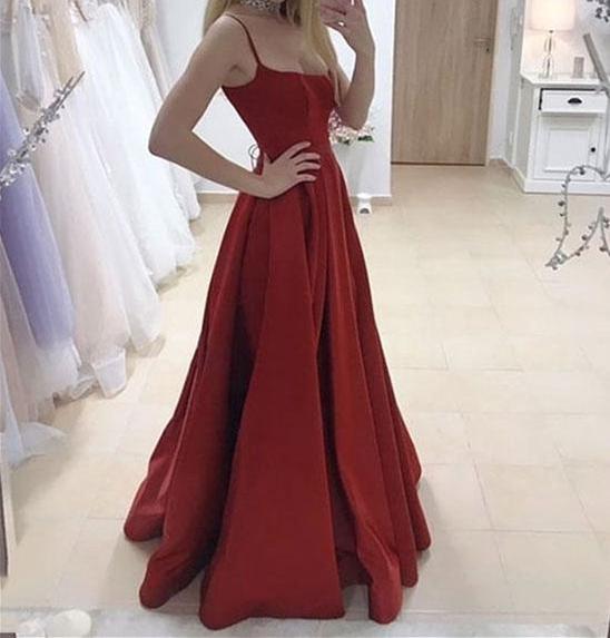 Unthony - Custom Made A Line Spaghetti Straps Burgundy Satin Long Prom Dress with Side Leg Slit