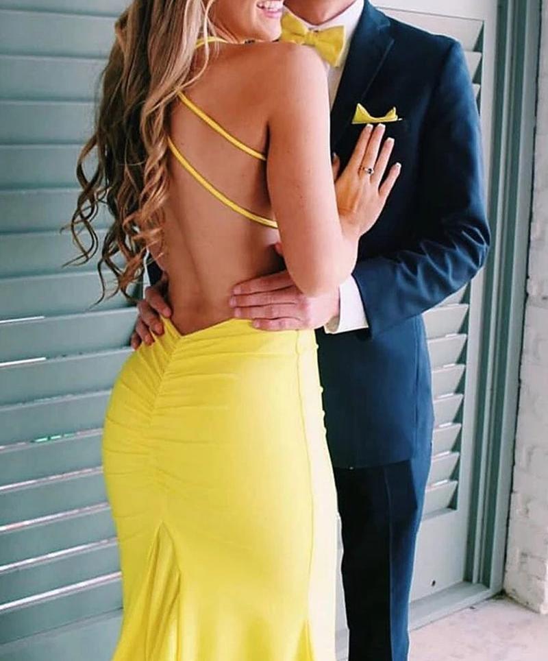 Unthony - V Neck Backless Mermaid Yellow Prom Dress with Train