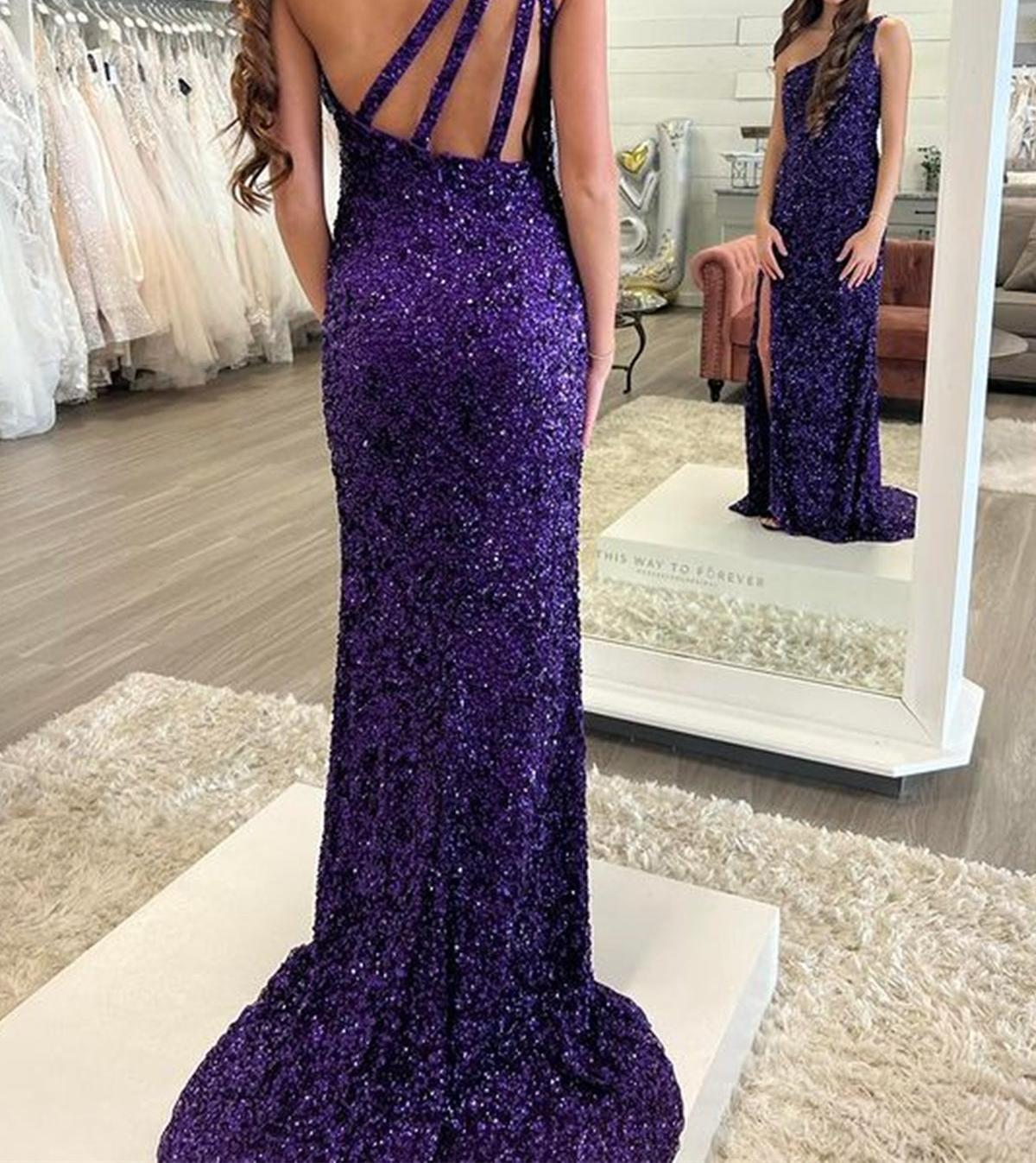 Unthony - One Shoulder Purple Sequins Mermaid Long Prom Dress with High Slit