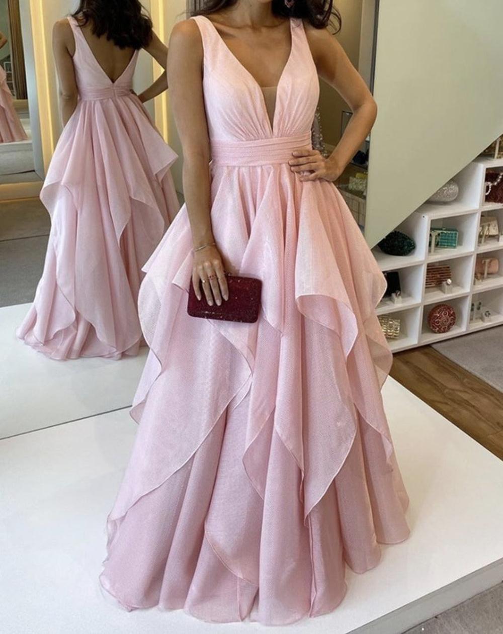 Unthony - V Neck Open Back Fluffy Pink Long Prom Dress
