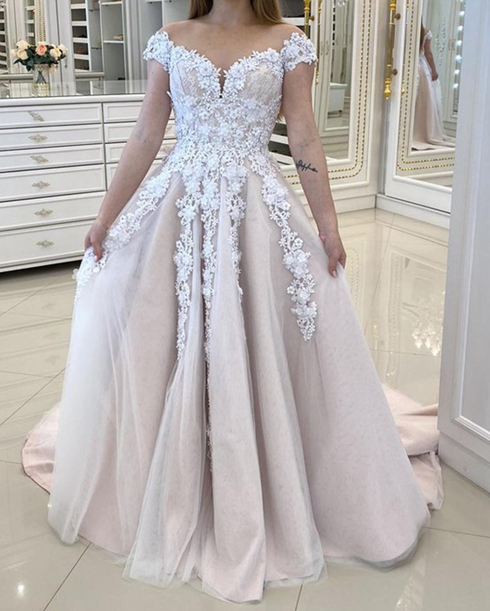 Unthony - Off Shoulder Champagne Lace Long Prom Dress