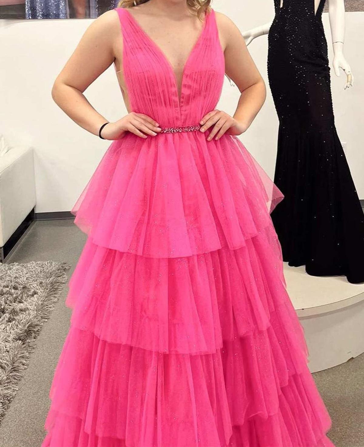 Unthony - A Line V Neck Hot Pink Tulle Layered Long Prom Dress with Belt