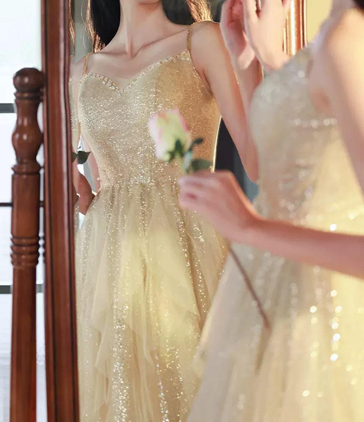 Unthony - Shiny A Line Champagne Tulle Long Prom Dress