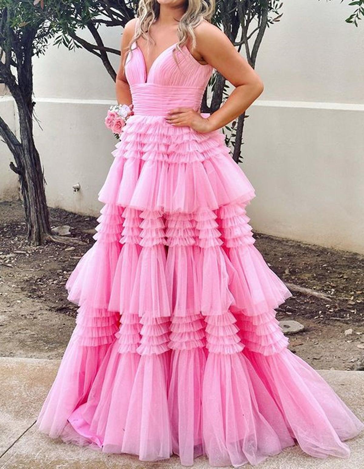 Unthony - A Line V Neck Layered Pink Prom Dresses Long