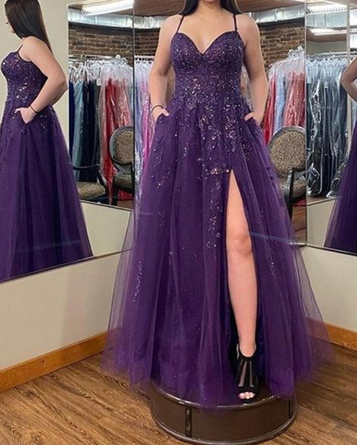 Unthony - Open Back Beaded Purple Lace Floral Long Prom Dresses with High Slit