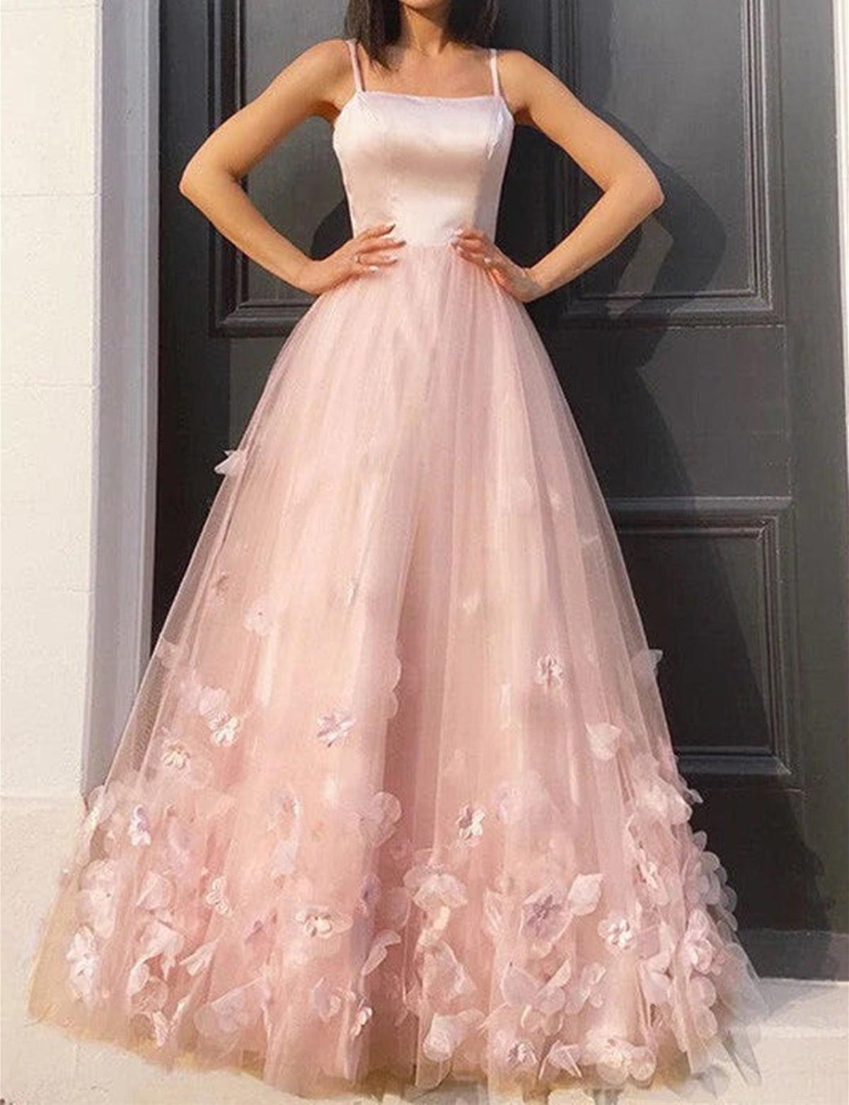 Unthony - A Line Pink Floral Long Prom Dress