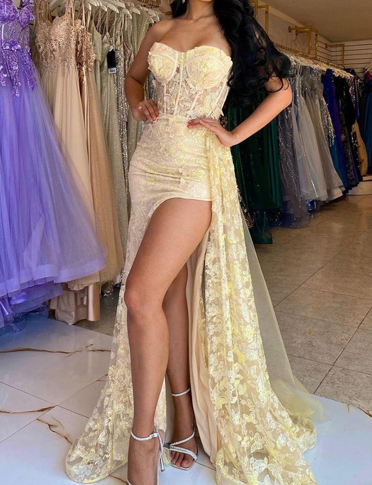 Unthony - Elegant Strapless Yellow Lace Long Prom Dress with High Slit