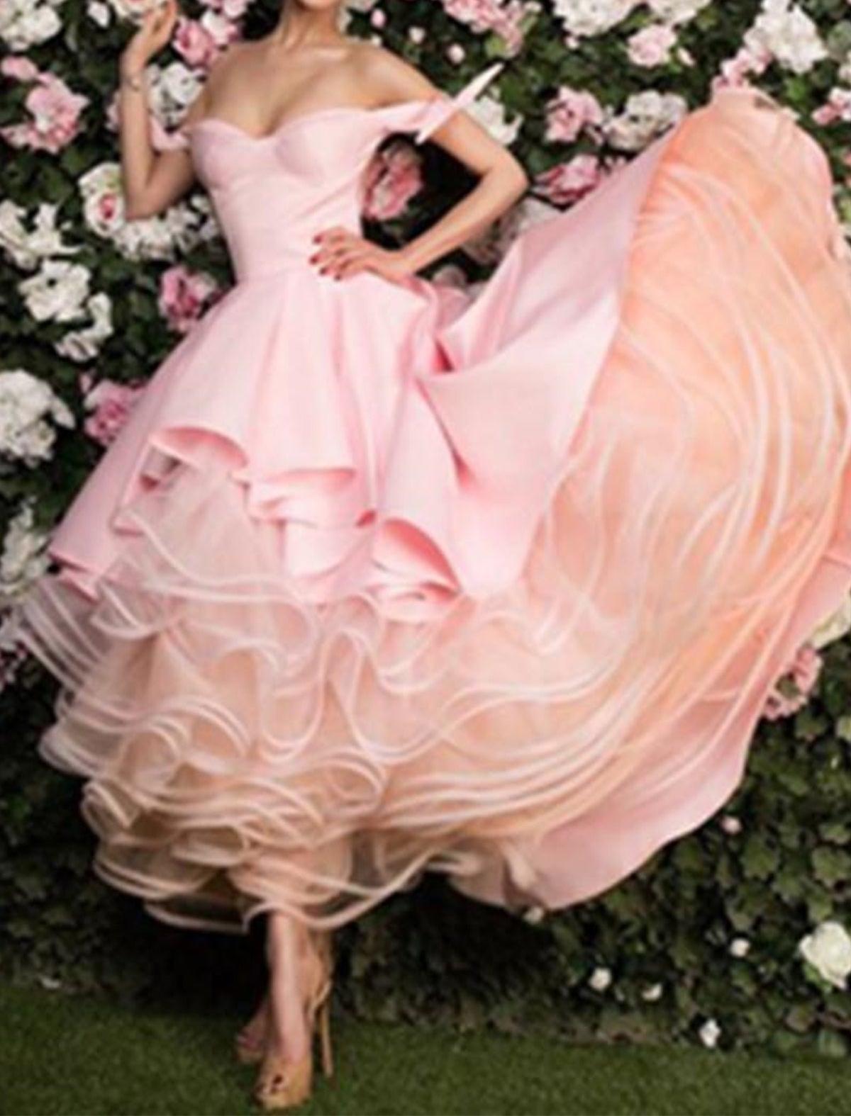 Unthony - High Low Off Shoulder Pink Long Prom Dress