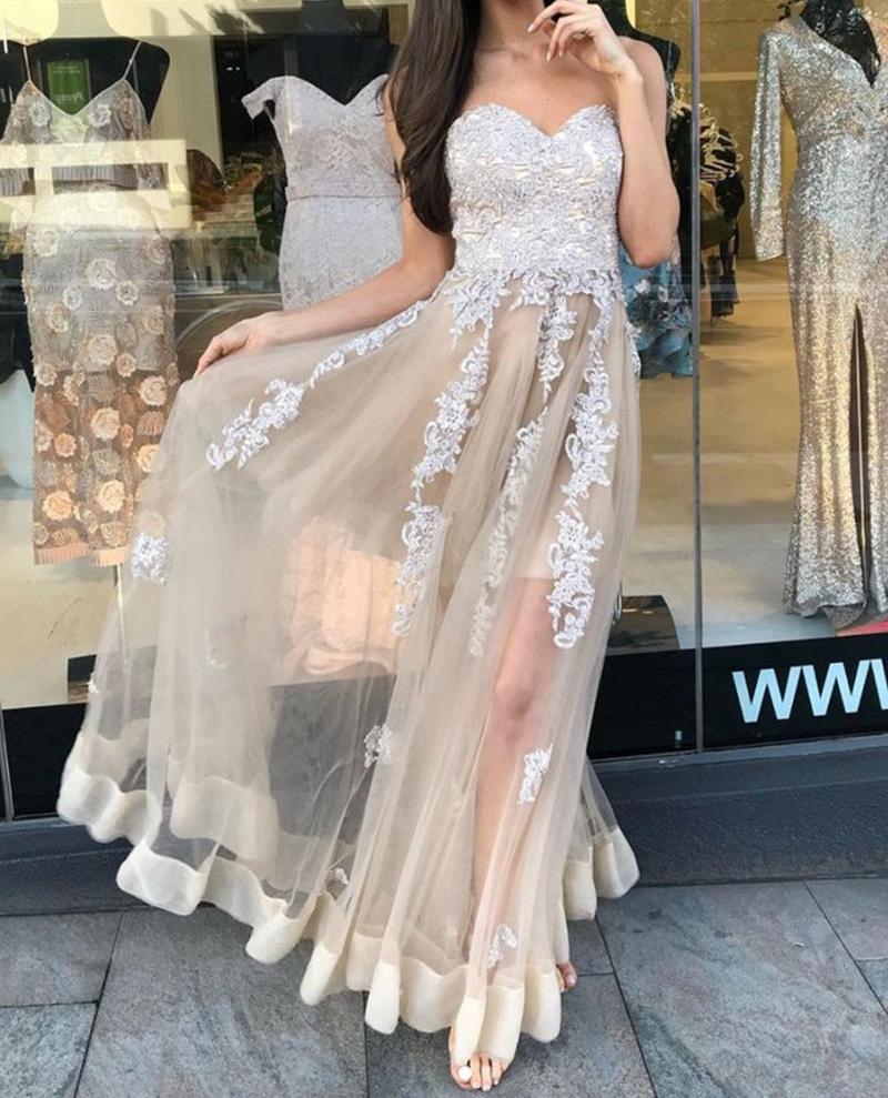 Unthony - Sweetheart Neck Strapless Ivory Lace Appliques Champagne Prom Dress