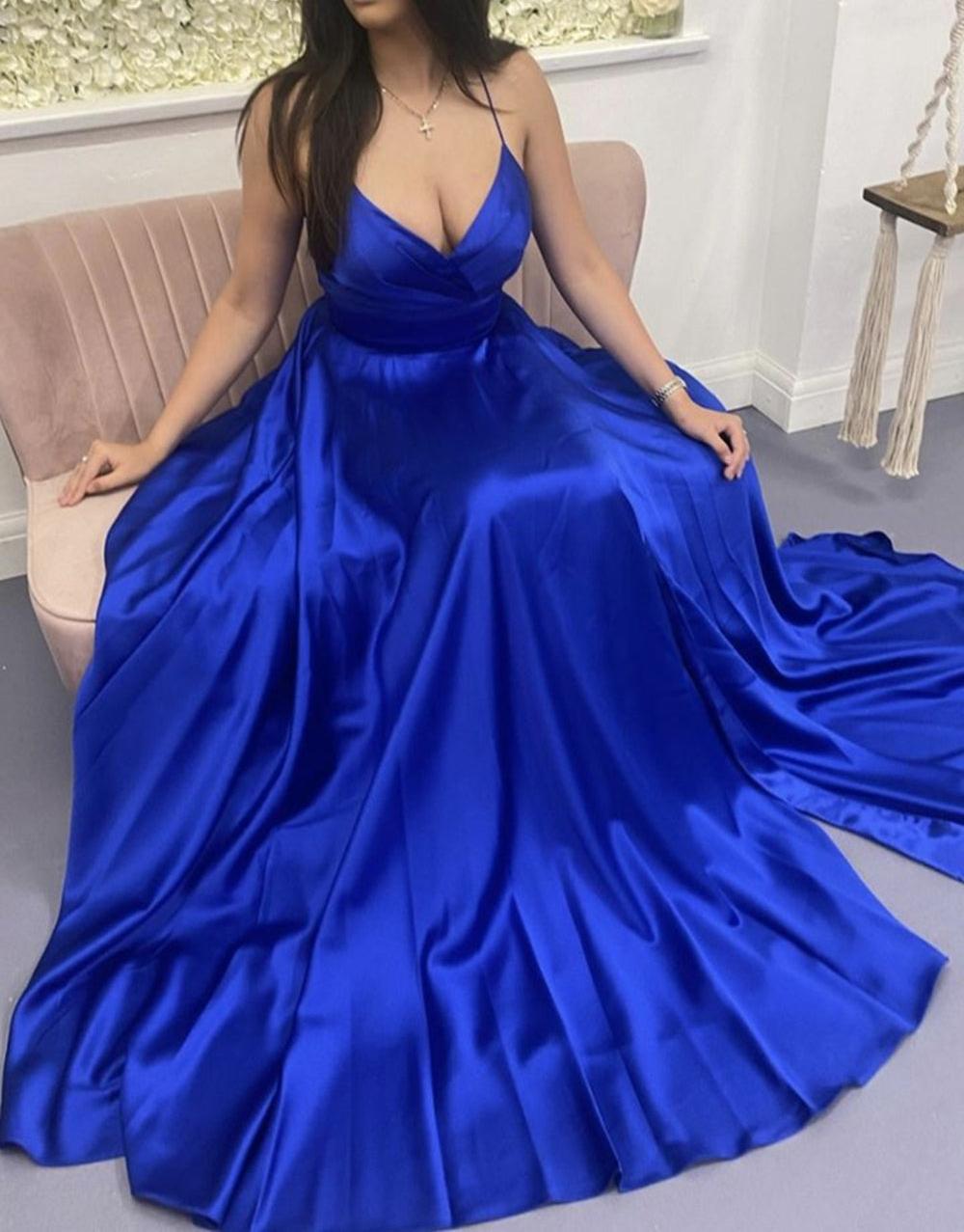 Unthony - A Line V Neck Backless Royal Blue Satin Long Prom Dress