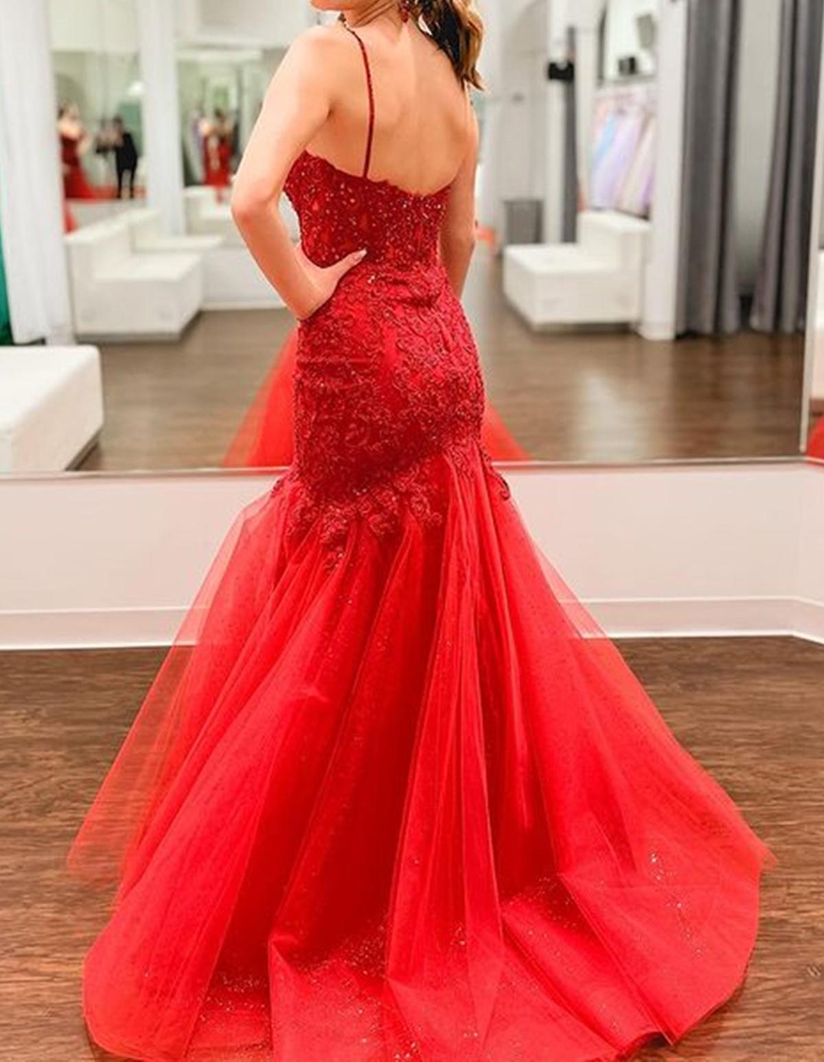 Unthony - V Neck Mermaid Beaded Red Lace Long Prom Dresses