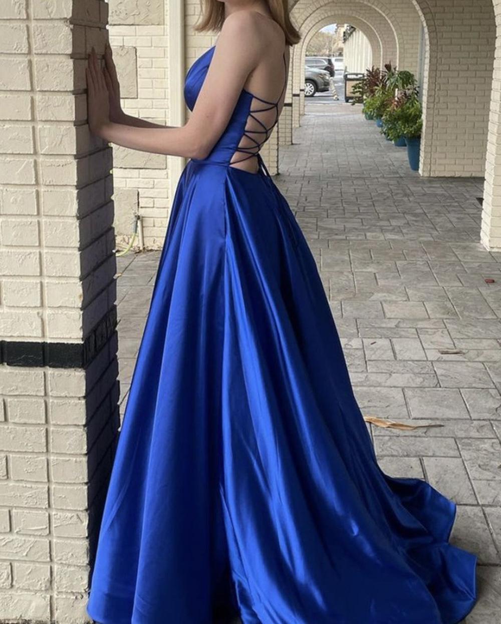 Unthony - A Line V Neck Backless Royal Blue Satin Long Prom Dress with Pocket