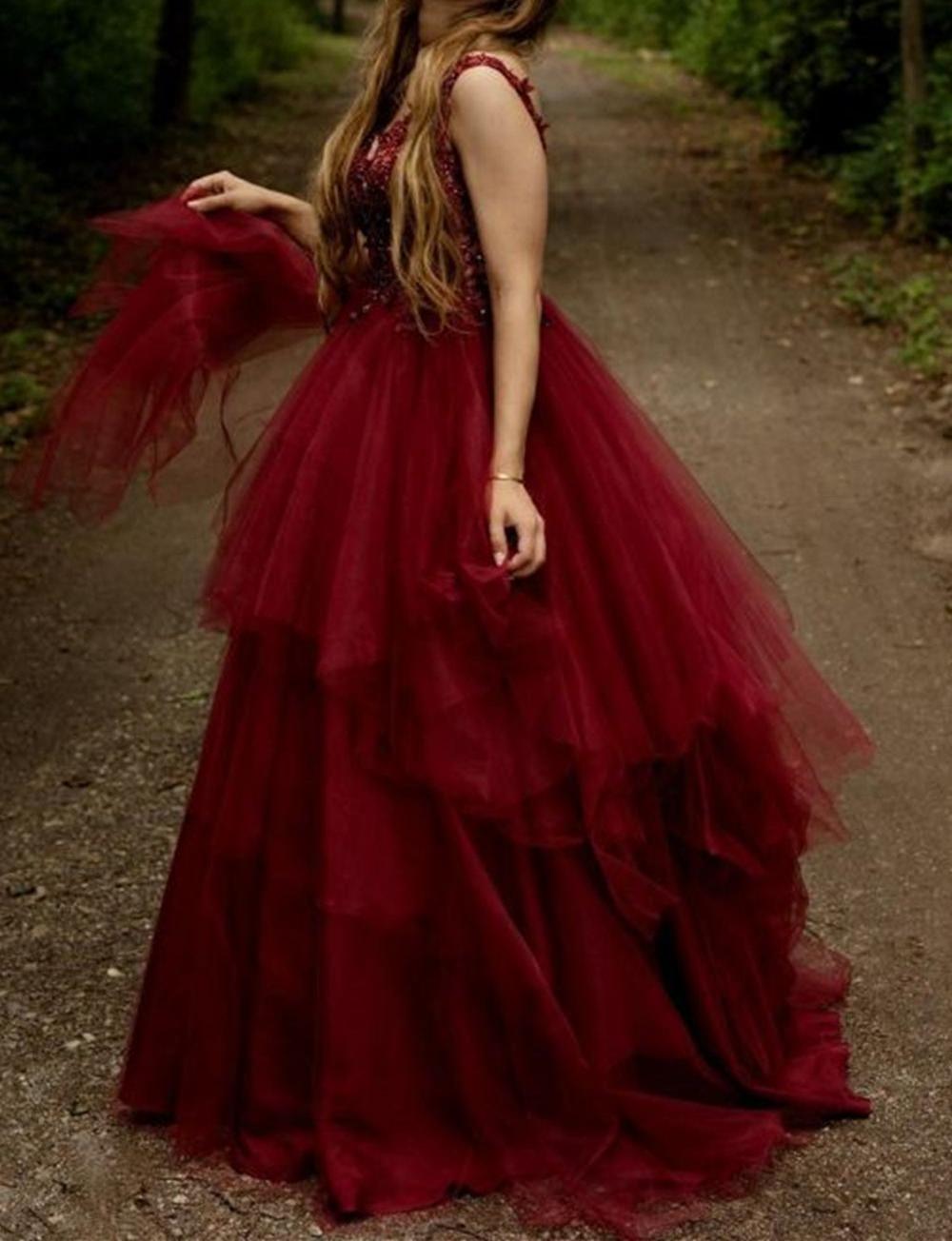 Unthony - V Neck Fluffy Burgundy Lace Long Prom Dress