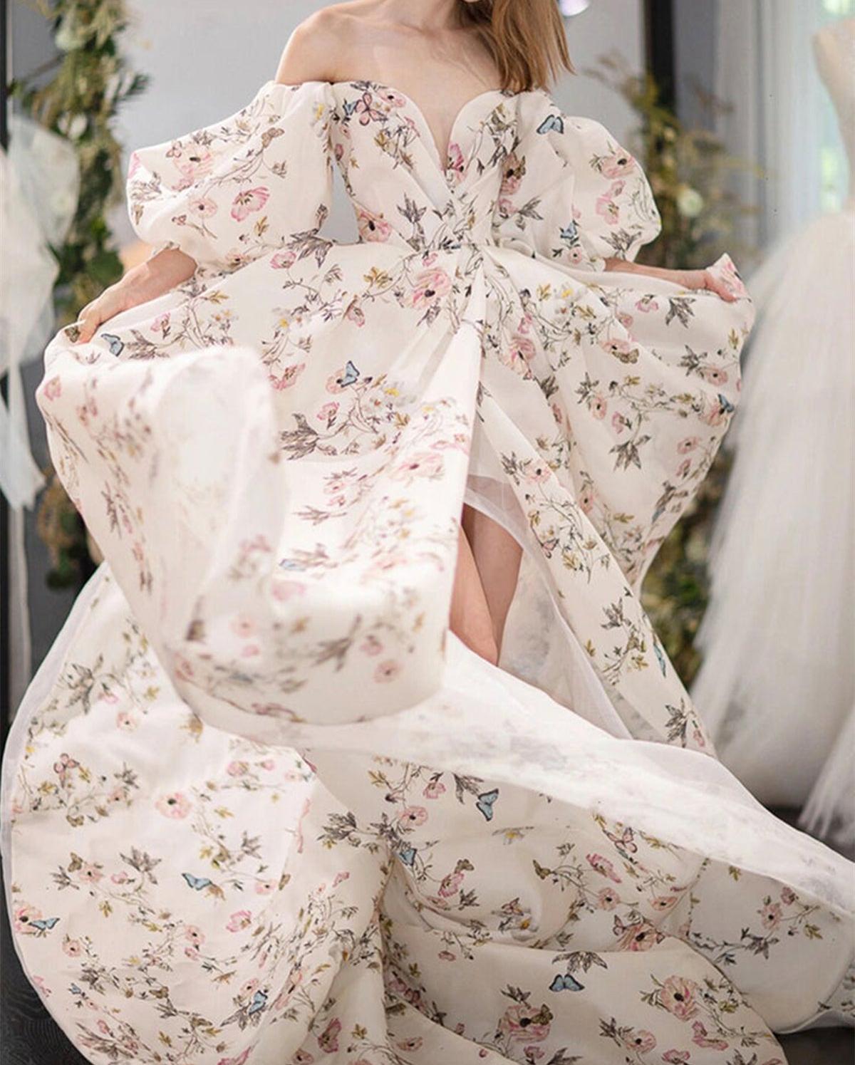 Unthony - Stylish Long Sleeves Printed Pattern Long Prom Dress with High Slit