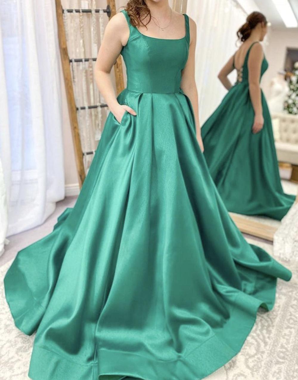 Unthony - Simple Open Back Green Satin Long Prom Dress