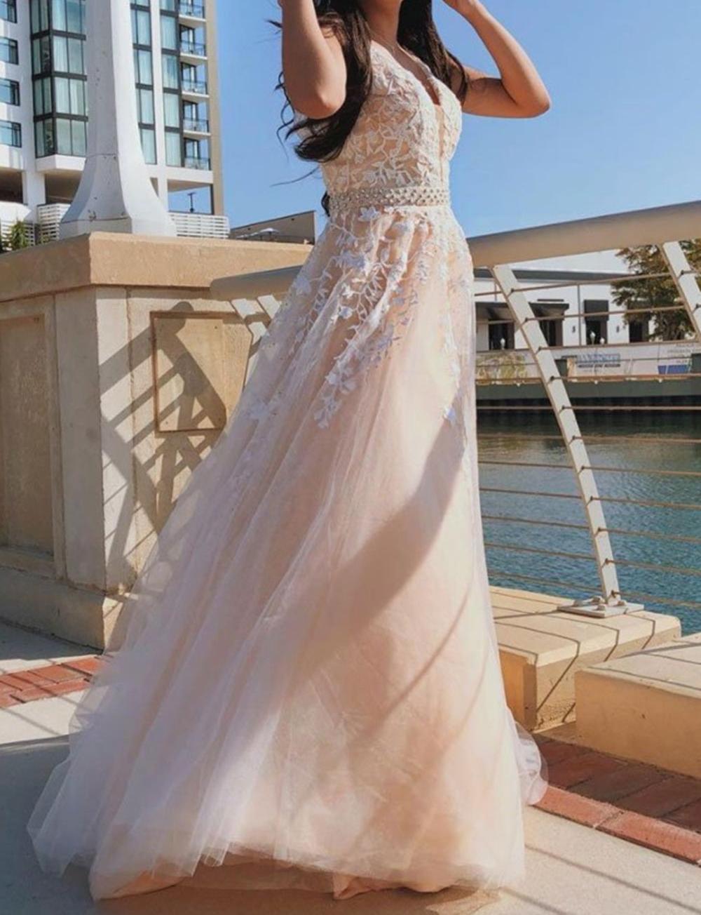 Unthony - A Line V Neck Pink Lace Long Prom Dress with Belt