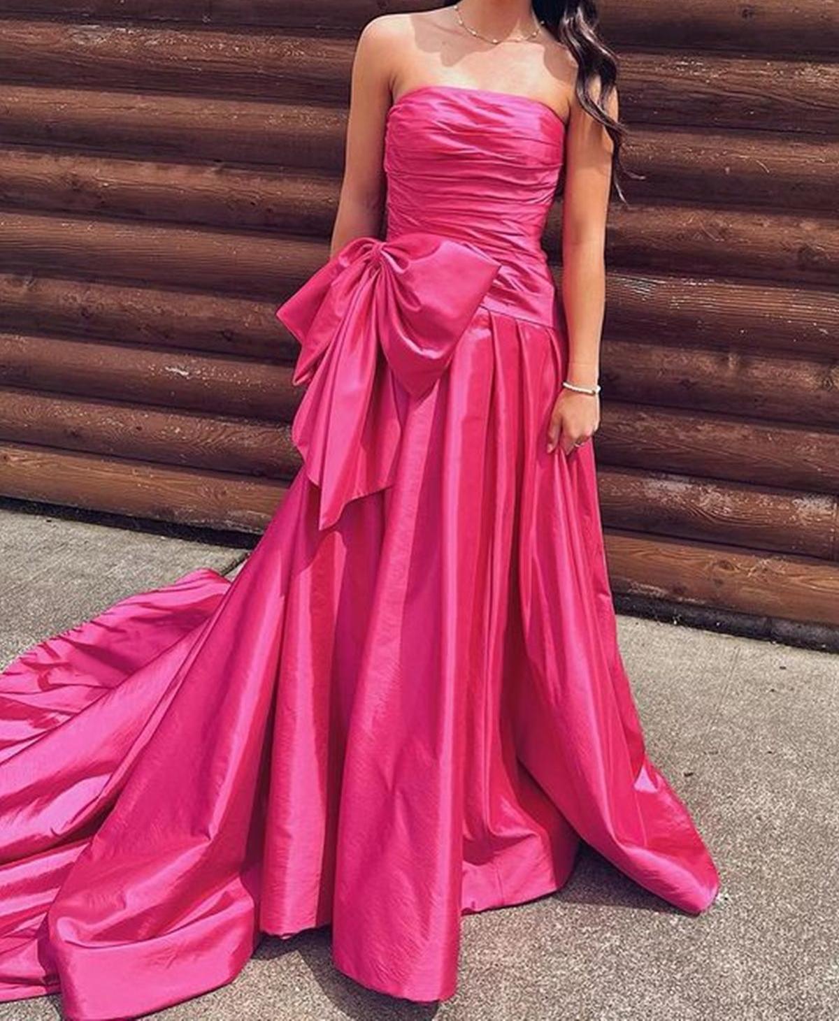 Unthony - Strapless Hot Pink Satin Long Prom Dress