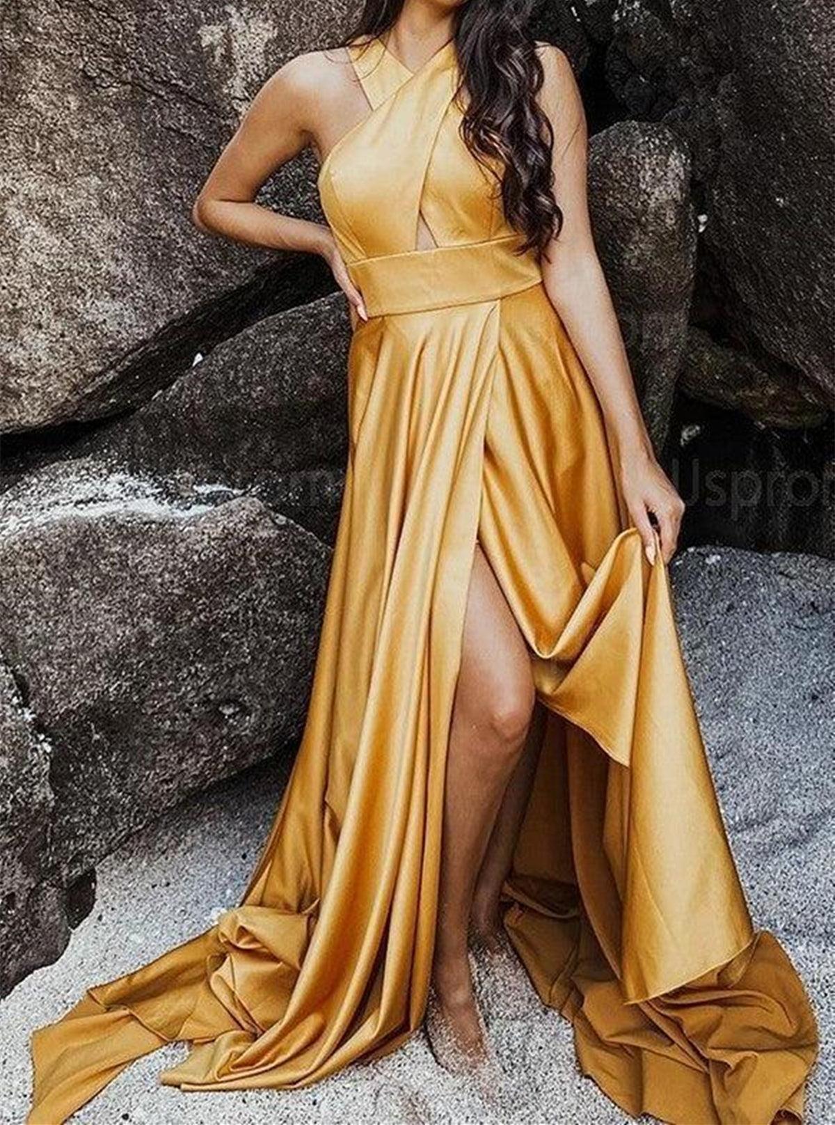 Unthony - Unique Open Back Yellow Satin Long Prom Dress with High Slit