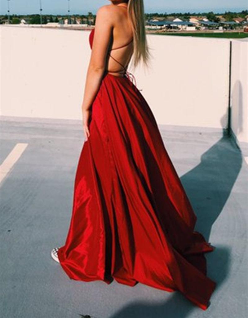 Unthony - Simple Satin Backless Long Red Prom Dress