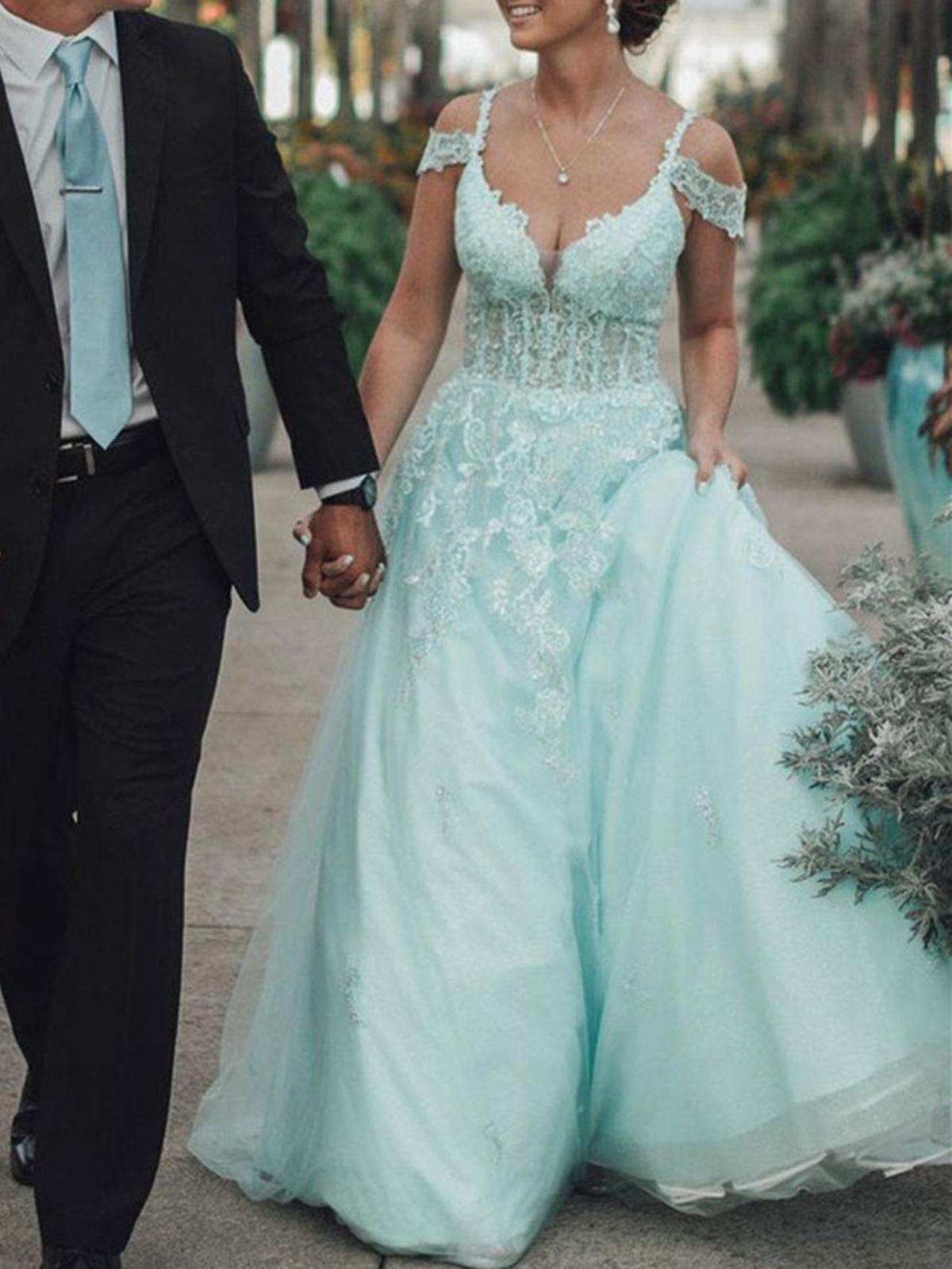 Unthony - Off Shoulder Mint Green Lace Tulle Long Prom Dress