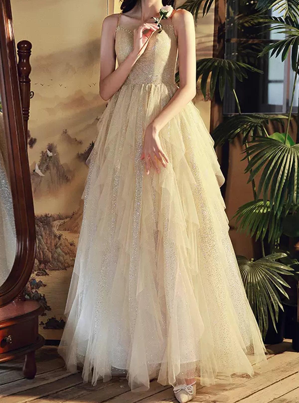 Unthony - Shiny A Line Champagne Tulle Long Prom Dress