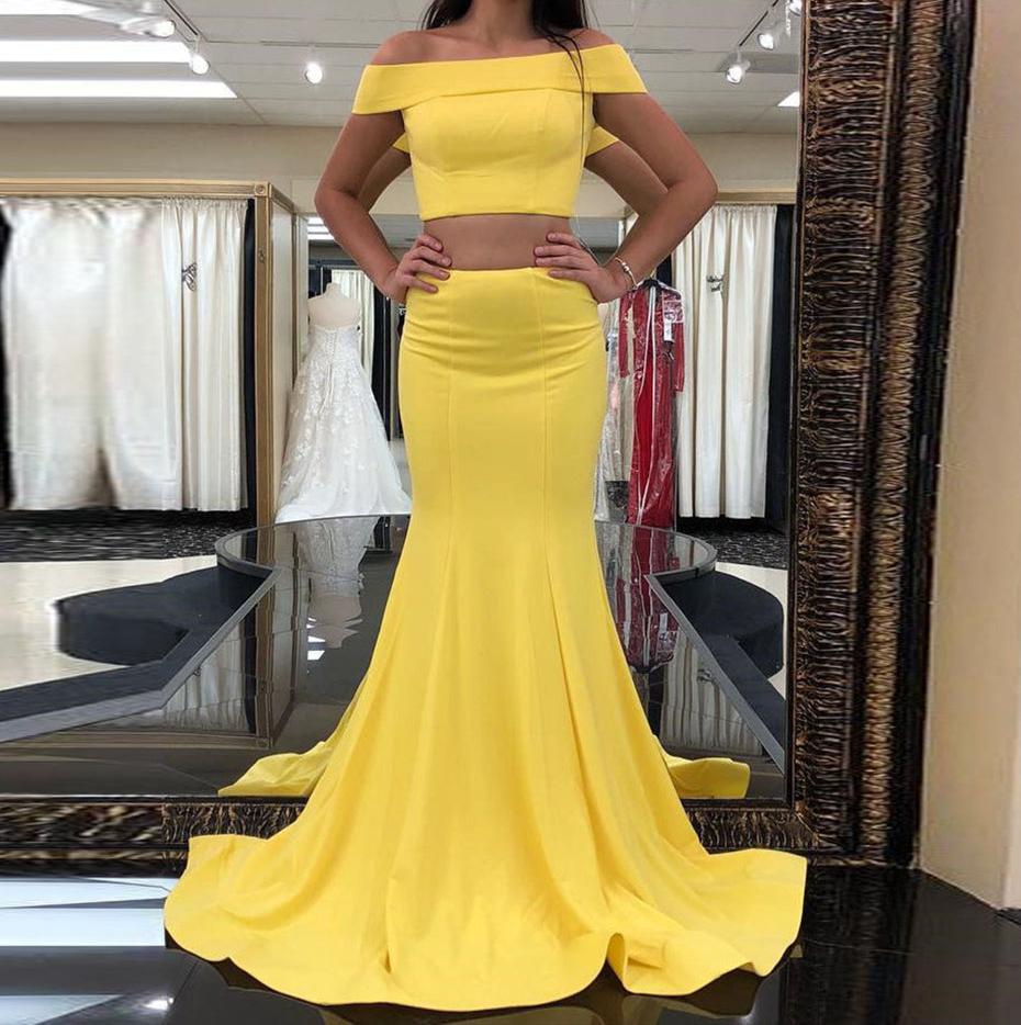 Unthony - Yellow Off Shoulder Two Pieces Mermaid Long Prom Dresses