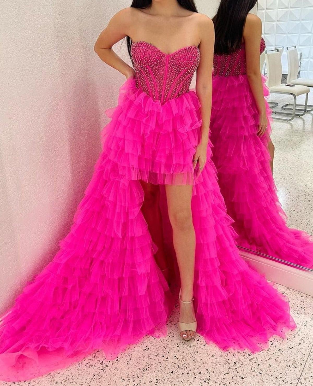 Unthony - Strapless High Low Beaded Hot Pink Tulle Long Prom Dress