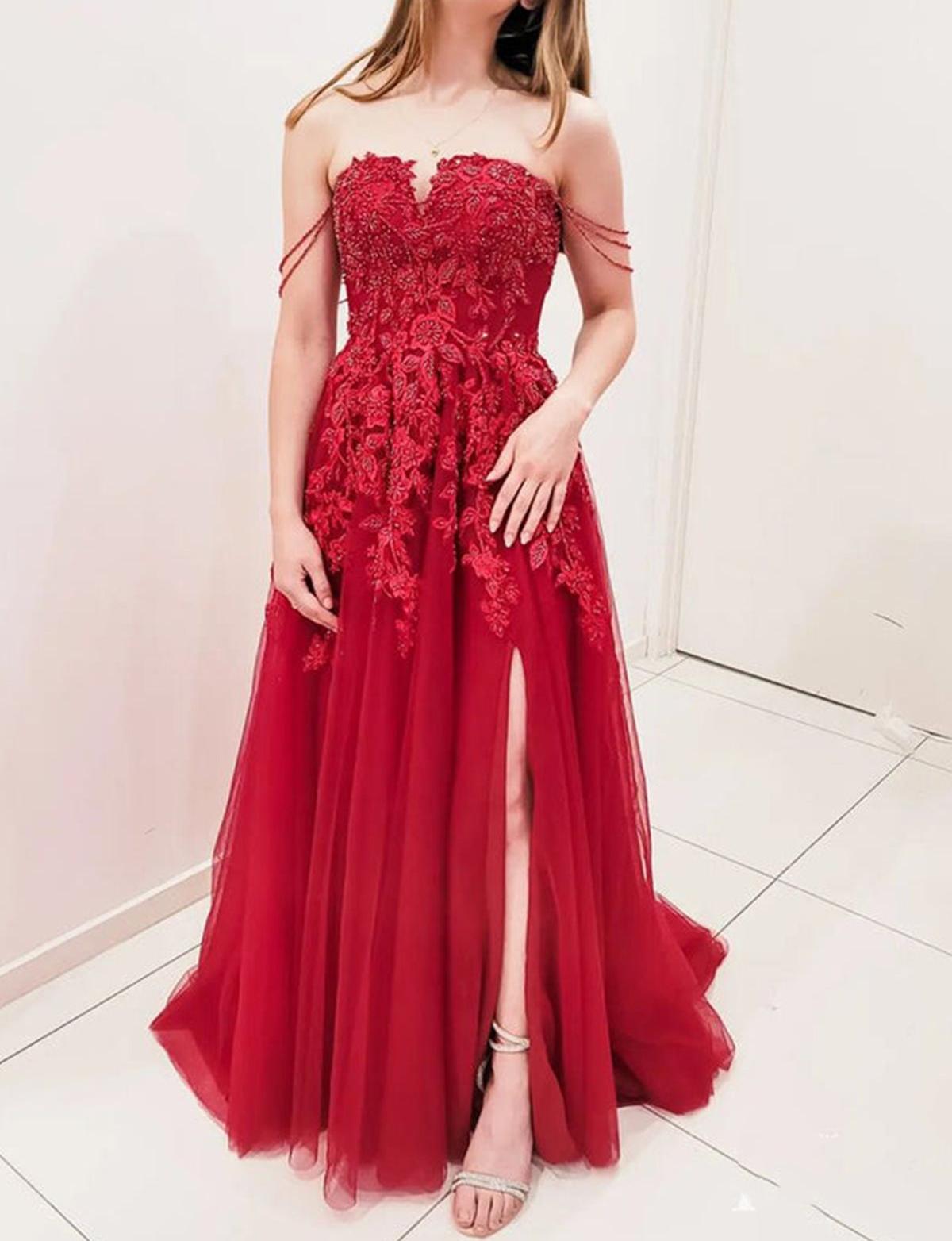 Unthony - Elegant Off Shoulder Burgundy Lace Long Prom Dress with High Slit